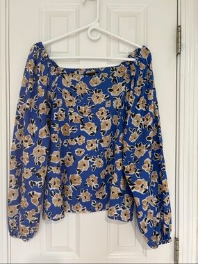 Ann Taylor Royal Blue Floral Off-Shoulder Top with Square Neckline